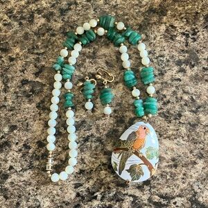 Vintage cloisonné parrot pendant on a real stone necklace. Pendant unmarked.